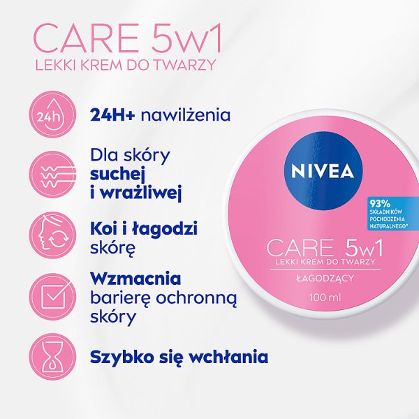 Nivea Care 5w1 Łagodzący Lekki krem do twarzy dla cery suchej i wrażliwej 100 ml