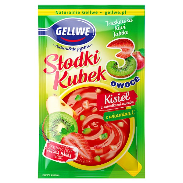 Gellwe Słodki Kubek 3 owoce Kisiel z kawałkami owoców truskawka kiwi jabłko 30 g