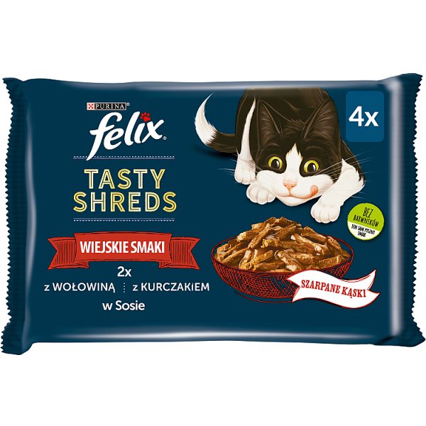 Felix Tasty Shreds Karma dla dorosłych kotów wiejskie smaki w sosie 320 g (4 x 80 g)