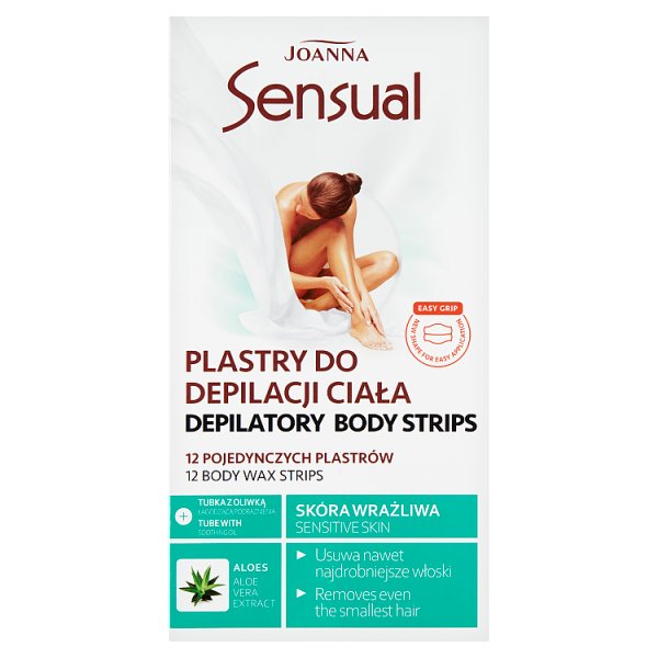 Joanna Sensual Plastry do depilacji ciała skóra wrażliwa 12 sztuk i Tubka z oliwką łagodzącą 10 ml