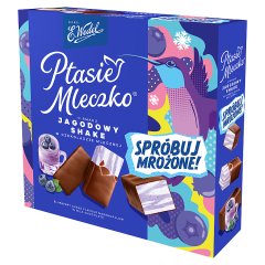 E. Wedel Ptasie mleczko o smaku jagodowy shake w czekoladzie mlecznej 340 g