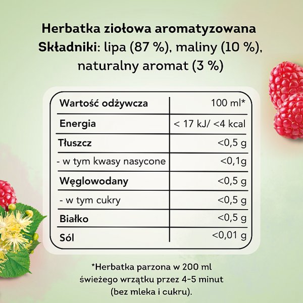Lipton Herbatka ziołowa aromatyzowana lipa z malinami 18 g (20 torebek)