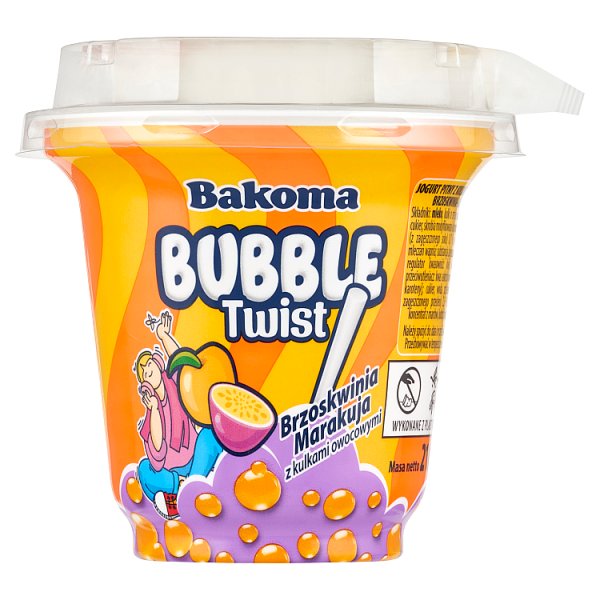 Bakoma Bubble Twist Jogurt pitny brzoskwinia marakuja z kulkami owocowymi 210 g