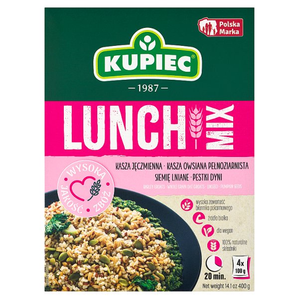Kupiec Lunch Mix kasza jęczmienna kasza owsiana siemię lniane pestki dyni 400 g (4 x 100 g)