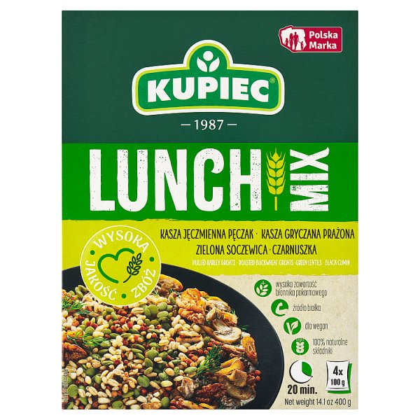 Kupiec Lunch Mix Kasza jęczmienna kasza gryczana zielona soczewica czarnuszka 400 g (4 x 100 g)