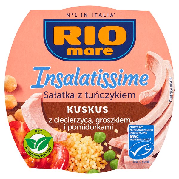 Rio Mare Insalatissime Sałatka z tuńczykiem kuskus z ciecierzycą groszkiem i pomidorkami 160 g