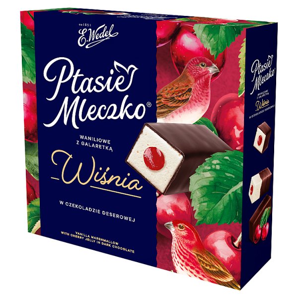 E. Wedel Ptasie Mleczko waniliowe z galaretką wiśnia w czekoladzie deserowej 340 g