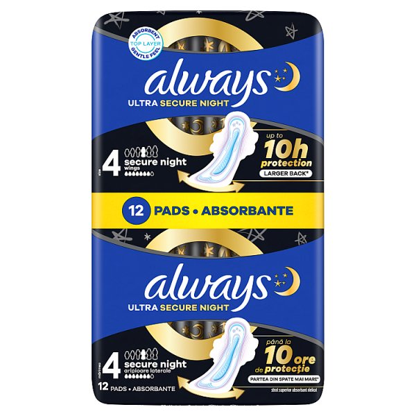 Always Podpaski Ultra Secure Night (rozmiar 4) Podpaski ze skrzydełkami, x 12]