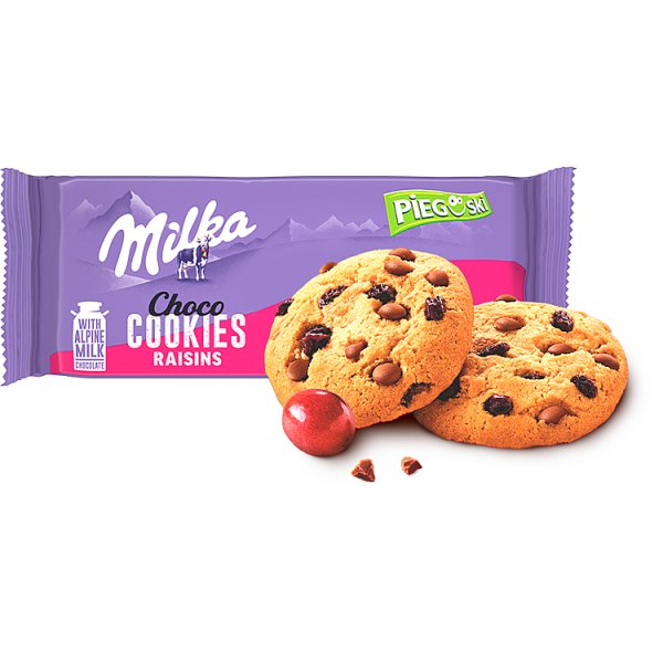 Milka Pieguski Choco Cookies Raisins Ciasteczka z kawałkami czekolady mlecznej i rodzynkami 135 g