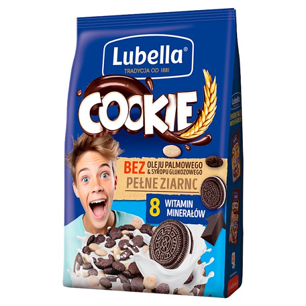 Lubella Cookie Zbożowe płatki w kształcie ciasteczek o smaku czekoladowym i waniliowym 200 g