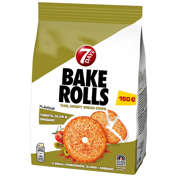 7Days Bake Rolls chipsy chlebowe o smaku pomidorów, oliwek i oregano - 150 g