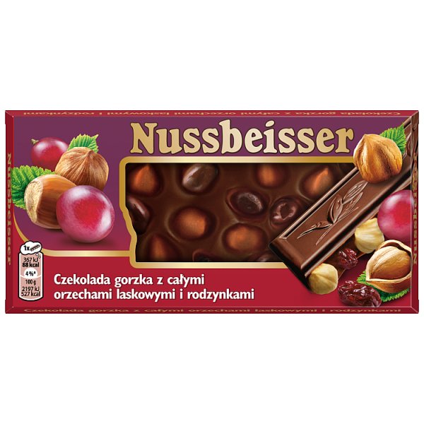Nussbeisser Czekolada gorzka z całymi orzechami laskowymi i rodzynkami 100 g