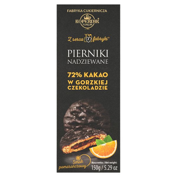 Kopernik Z serca fabryki Pierniki nadziewane w gorzkiej czekoladzie smak pomarańczowy 150 g