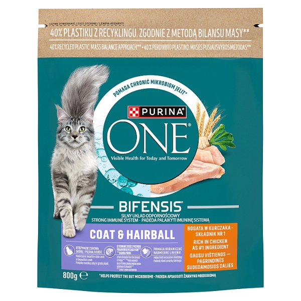PURINA ONE Bifensis Coat &amp; Hairball Karma dla kotów bogata w kurczaka 800 g