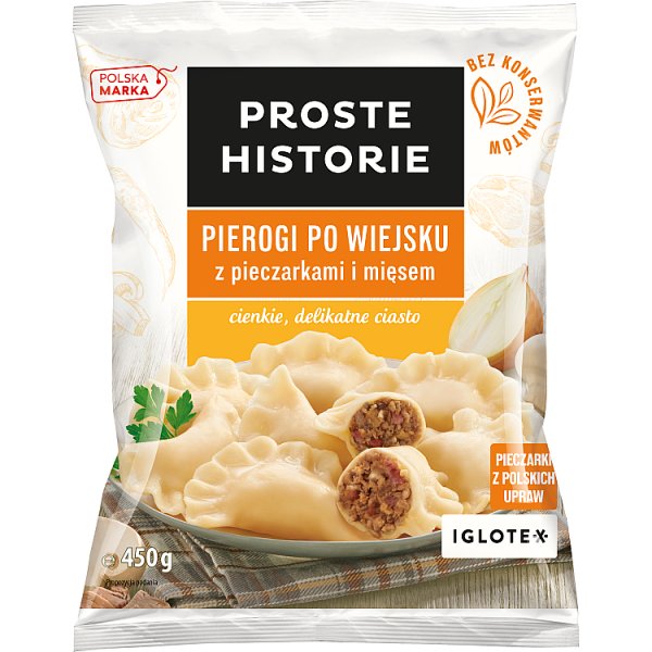 Proste Historie Pierogi po wiejsku z pieczarkami i mięsem 450 g