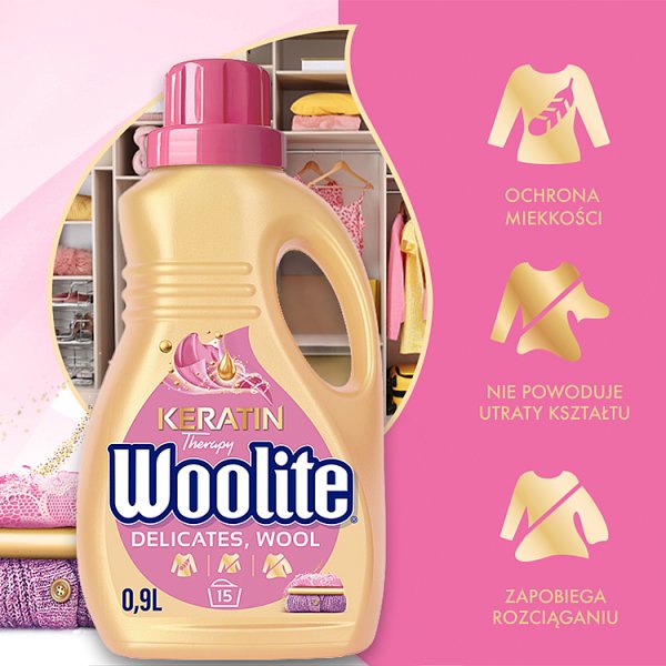Woolite Keratin Therapy Płyn do prania delikatne tkaniny i wełna 0,9 l (15 prań)