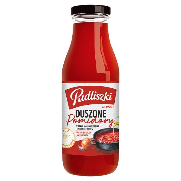 Pudliszki Duszone pomidory o smaku smażonej cebuli i czosnku z olejem 500 g