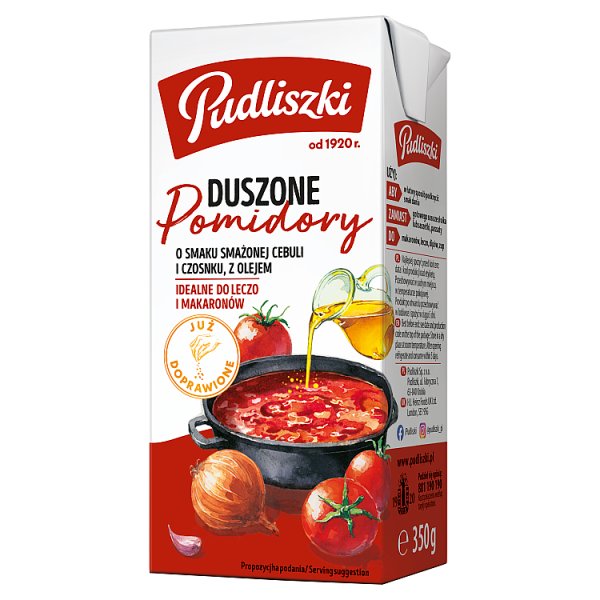 Pudliszki Duszone pomidory o smaku smażonej cebuli i czosnku z olejem 350 g