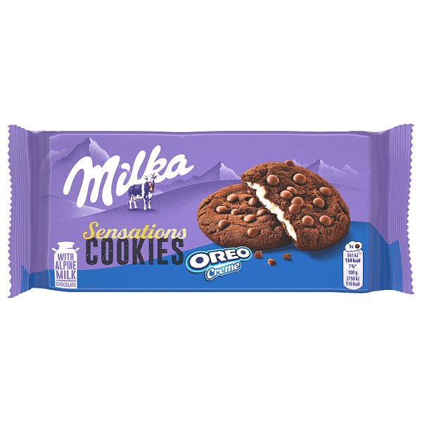 Milka Sensations Oreo ciasteczka z kawałkami czekolady i nadzieniem o smaku waniliowym - 156 g