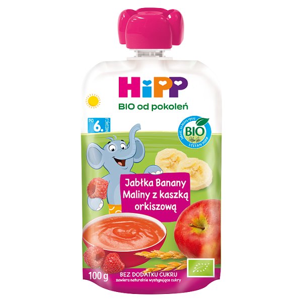 HiPP BIO Mus owocowy ze zbożami jabłka banany maliny z kaszką orkiszową po 6. miesiącu 100 g