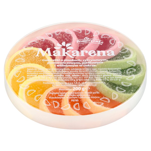 Pomorzanka Makarena Galaretki o smakach cytrynowym pomarańczowym jabłkowym wiśniowym w cukrze 200 g