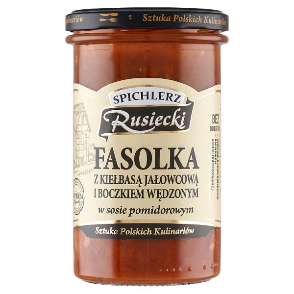 Spichlerz Rusiecki Fasolka z kiełbasą jałowcową i boczkiem wędzonym w sosie pomidorowym 470 g