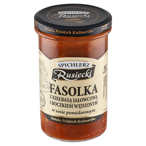 Spichlerz Rusiecki Fasolka z kiełbasą jałowcową i boczkiem wędzonym w sosie pomidorowym 470 g