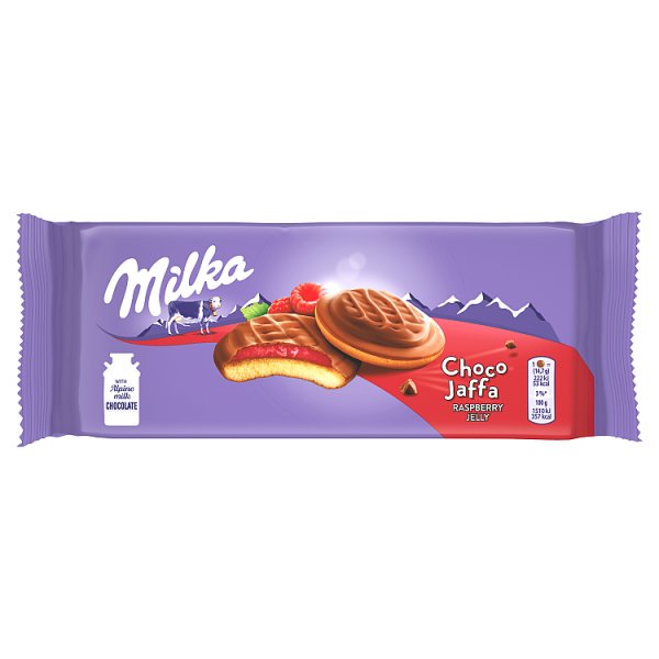 Milka Choco Jaffa Raspberry, biszkopty z galaretką o smaku malinowym z mleczną czekoladą - 147 g