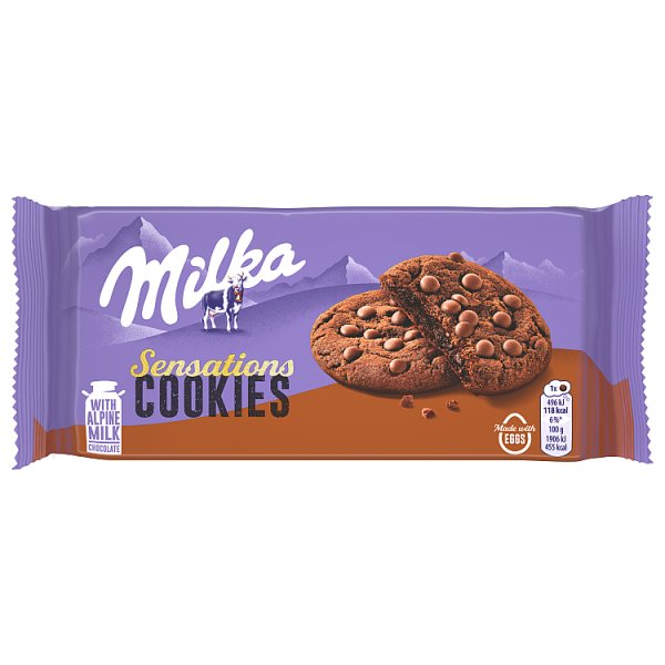 Milka Sensations Cookies, ciastka kakaowe z miękkim środkiem i kawałkami mlecznej czekolady - 156 g