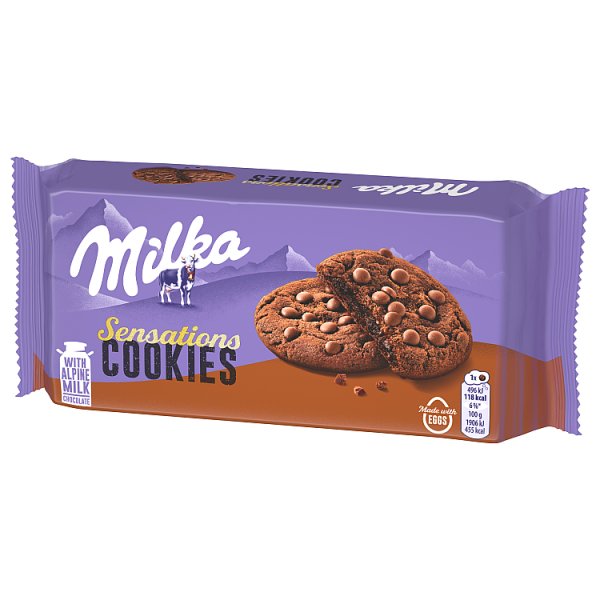 Milka Sensations Cookies, ciastka kakaowe z miękkim środkiem i kawałkami mlecznej czekolady - 156 g