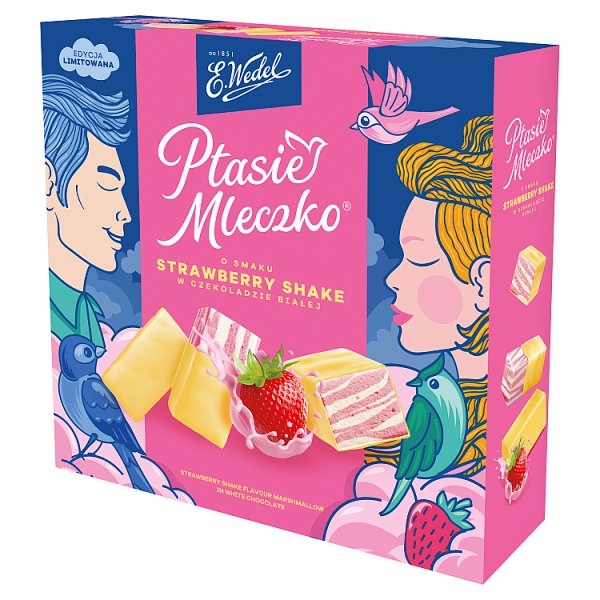 E. Wedel Ptasie mleczko o smaku Strawberry shake w czekoladzie białej 340 g