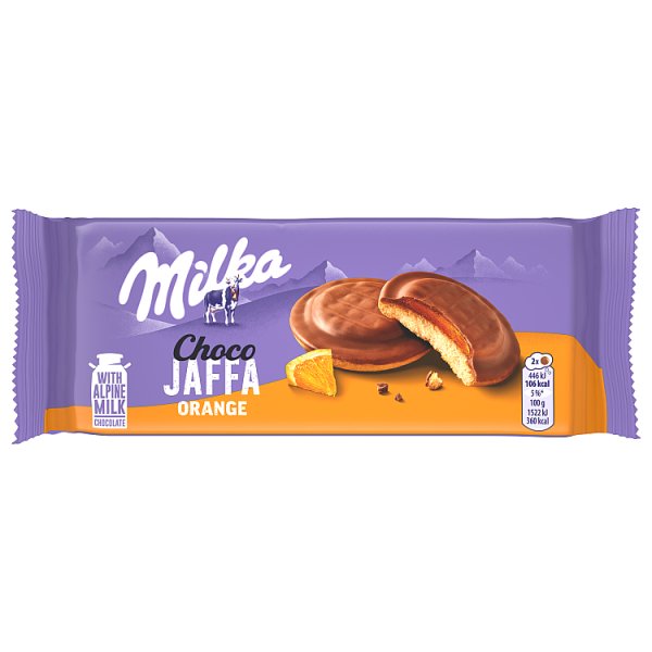 Milka Choco Jaffa Orange, biszkopty z galaretką o smaku pomarańczowym z mleczną czekoladą - 147 g