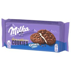 Milka Oreo Sensations, ciastka kakaowe z kawałkami czekolady i nadzieniem o smaku waniliowym - 156 g