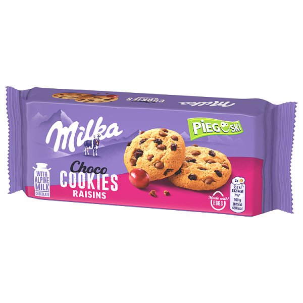 Milka Pieguski Choco Cookies Raisins Ciasteczka z kawałkami czekolady mlecznej i rodzynkami 135 g