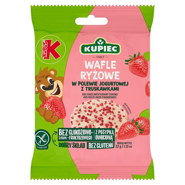 Wafle Kupiec Kubuś ryżowe polewa jogurt liofilizowana truskawka 