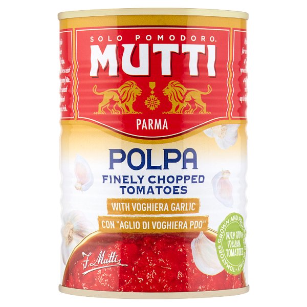 Mutti Pulpa drobno krojone pomidory bez skórki z czosnkiem Aglio di Voghiera 400 g