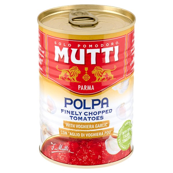 Mutti Pulpa drobno krojone pomidory bez skórki z czosnkiem Aglio di Voghiera 400 g