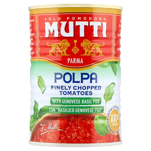 Mutti Pulpa drobno krojone pomidory bez skórki z bazylią Basilico Genovese 400 g
