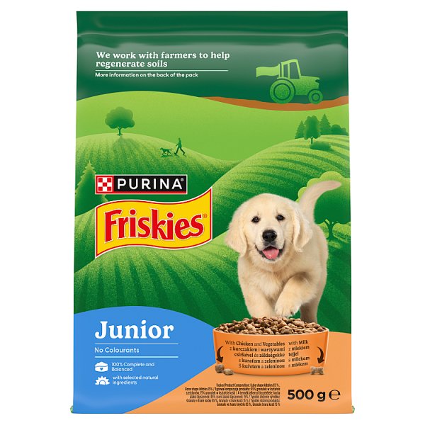 Friskies Junior Karma dla szczeniąt z kurczakiem i warzywami z mlekiem 500 g