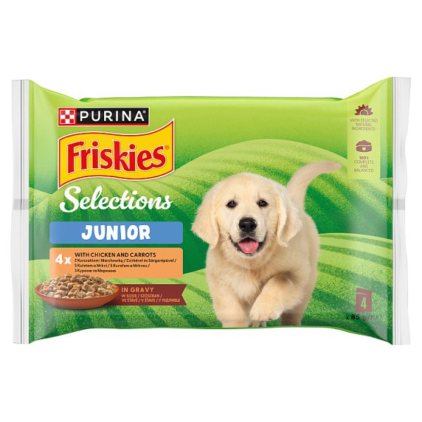 Friskies Selections Junior Karma dla szczeniąt z kurczakiem i marchewką w sosie 340 g (4 x 85 g)