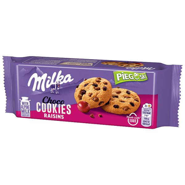 Milka Pieguski Choco Cookies Raisins Ciasteczka z kawałkami czekolady mlecznej i rodzynkami 135 g