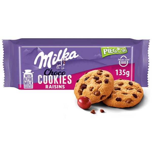 Milka Pieguski Choco Cookies Raisins Ciasteczka z kawałkami czekolady mlecznej i rodzynkami 135 g