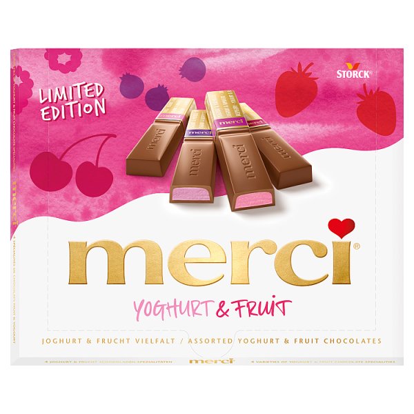 merci Yoghurt &amp; Fruit 4 rodzaje jogurtowo-owocowych specjałów czekoladowych 250 g