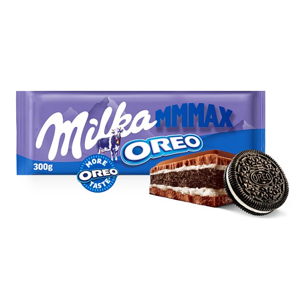 Milka Mmmax Oreo Herbatniki kakaowe i nadzienie mleczne o smaku waniliowym 300 g