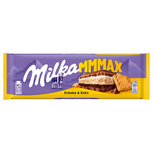 Milka Mmmax Czekolada mleczna z herbatnikiem i nadzieniem kakaowym 300 g