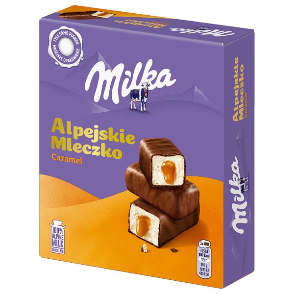 Milka Alpejskie Mleczko pianki o smaku waniliowym z nadzieniem karmelowym - 350 g