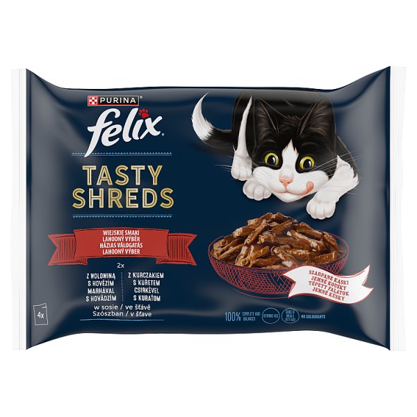 Felix Tasty Shreds Karma dla dorosłych kotów wiejskie smaki w sosie 320 g (4 x 80 g)