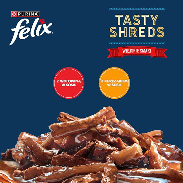 Felix Tasty Shreds Karma dla dorosłych kotów wiejskie smaki w sosie 320 g (4 x 80 g)