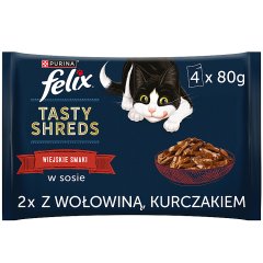 Felix Tasty Shreds Karma dla dorosłych kotów wiejskie smaki w sosie 320 g (4 x 80 g)