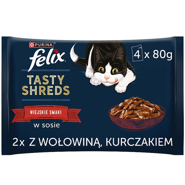 Felix Tasty Shreds Karma dla dorosłych kotów wiejskie smaki w sosie 320 g (4 x 80 g)